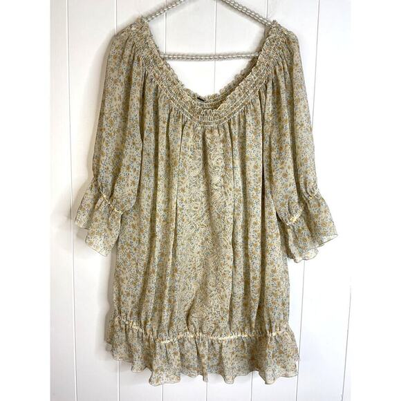 Free People Sheer Peasant Blouse in Yellow Floral Size Large - Picture 1 of 7